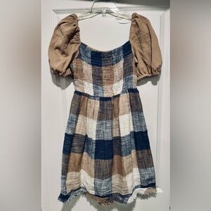 Umgee Kids Plaid‎ Dress in Blue and Tan